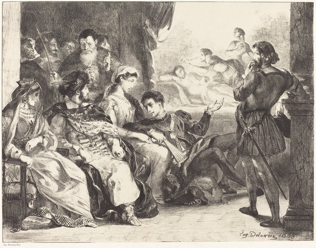 Gracze inscenizujący otrucie ojca Hamleta Akt III, scena II, 1835. autorstwa Eugène Delacroix