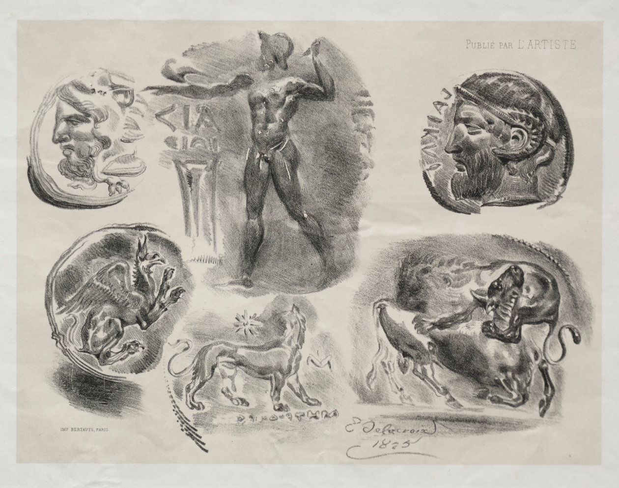 Arkusz z sześcioma antycznymi medalami autorstwa Eugène Delacroix