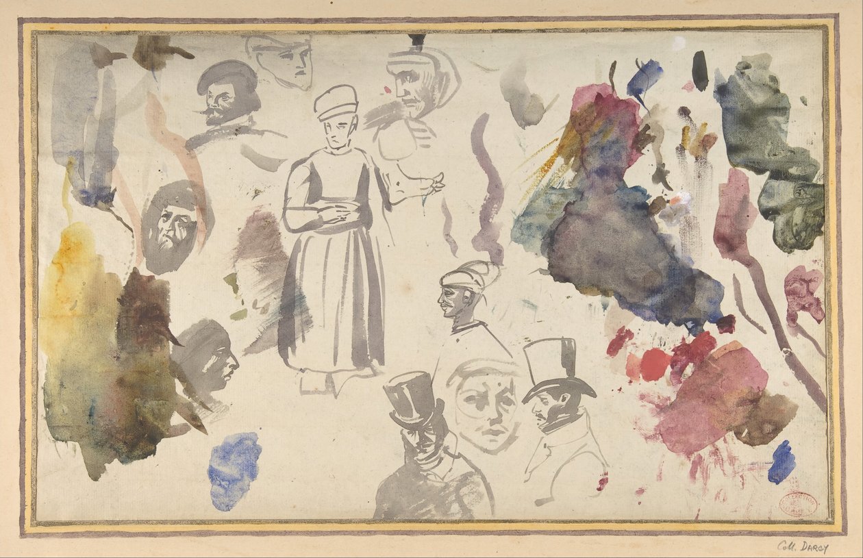 Studia męskich głów i męskiej sylwetki stojącej, . autorstwa Eugène Delacroix
