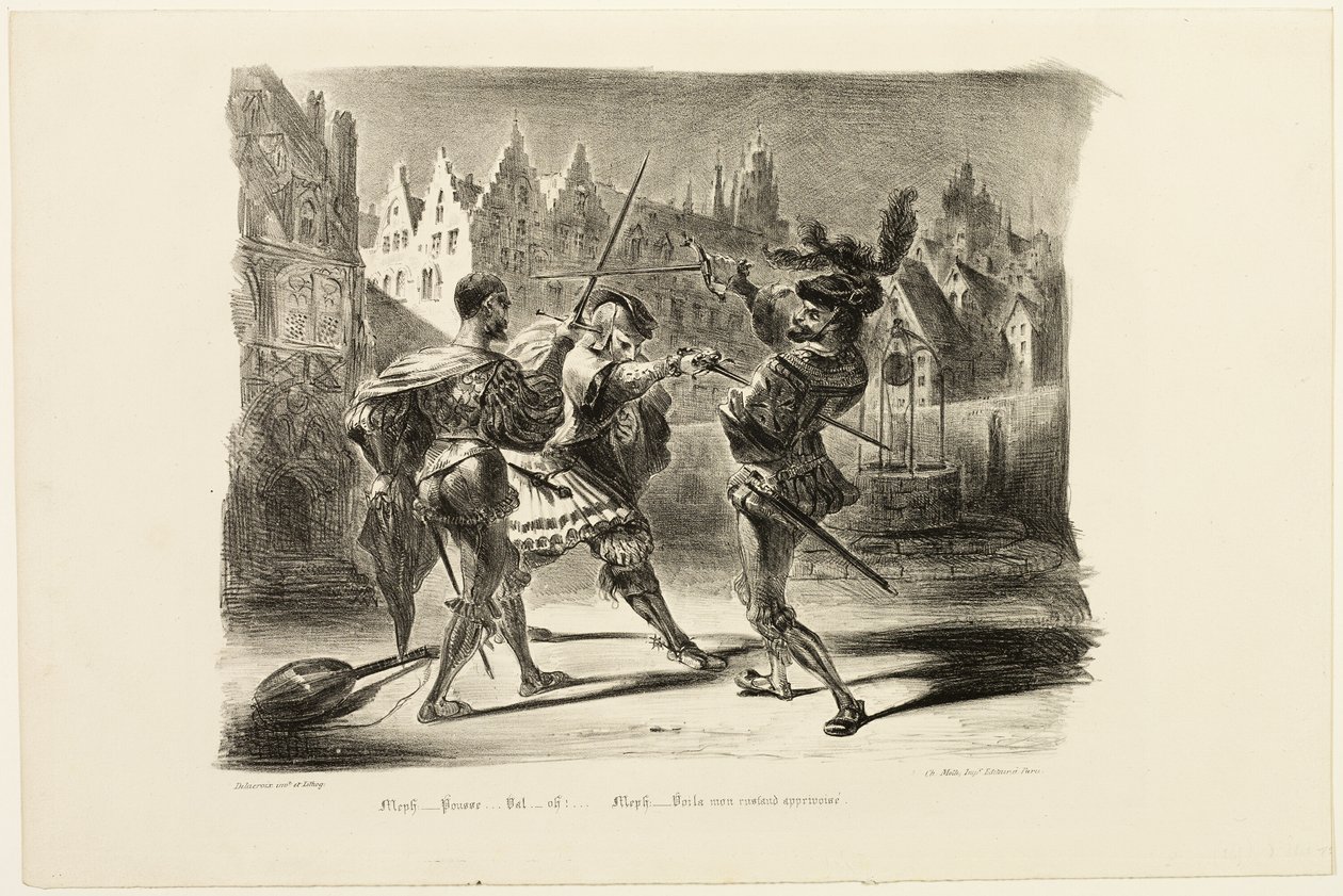 Pojedynek Fausta i Walentego z Fausta autorstwa Eugène Delacroix