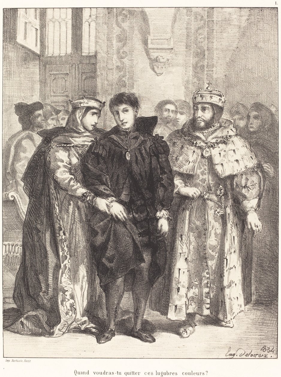 Królowa próbuje pocieszyć Hamleta Akt I, scena II, 1834. autorstwa Eugène Delacroix