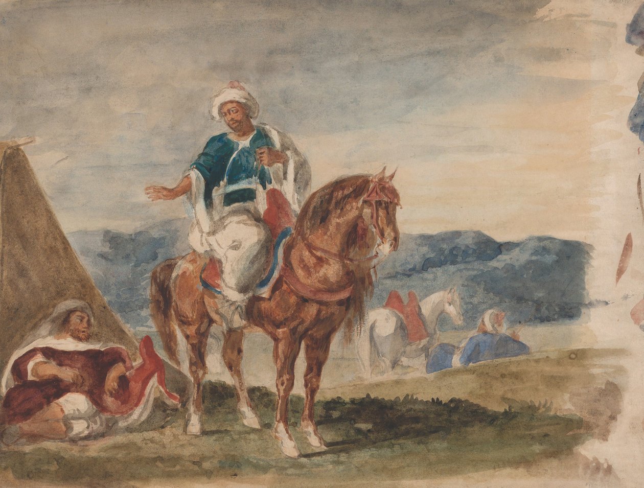 Trzech arabskich jeźdźców w obozie, 1832-37. autorstwa Eugène Delacroix