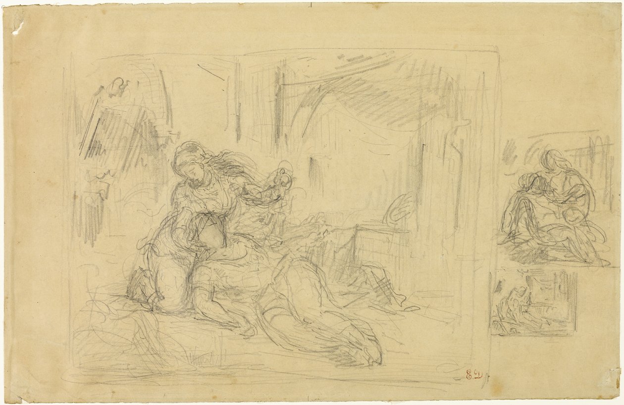Umierająca kobieta (?), Mężczyzna w sypialni, Dwa szkice tego samego autorstwa Eugène Delacroix