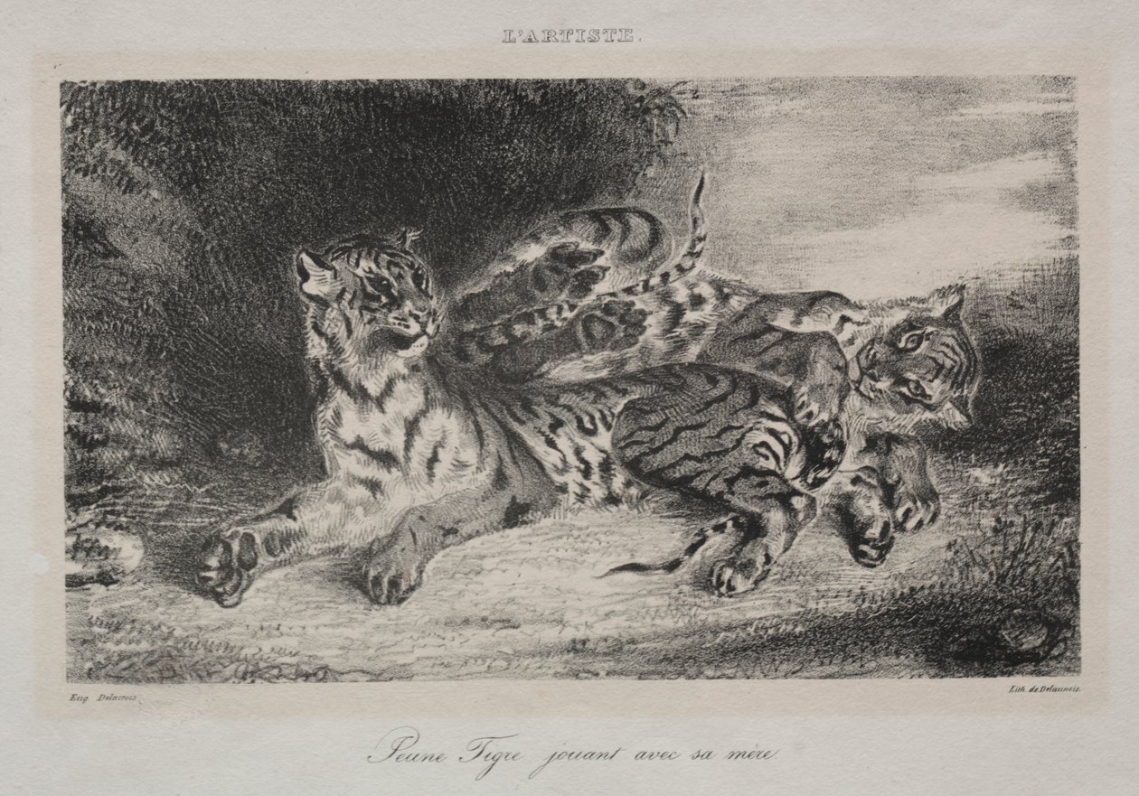 Młody tygrys bawi się z matką autorstwa Eugène Delacroix