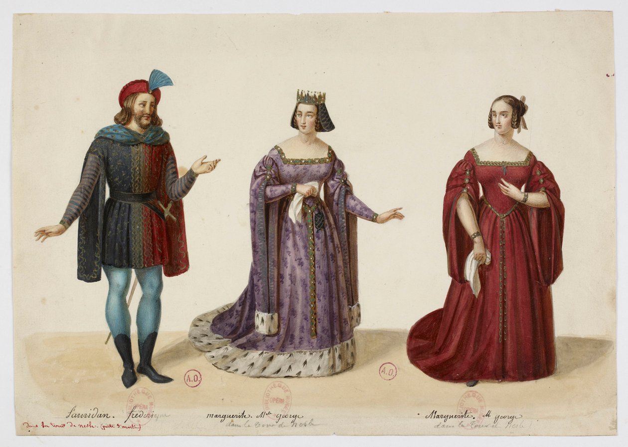 Kostiumy - Frederic Lemaitre jako Buridan, Mlle George jako Marguerite de Bourgogne (La Tour de Nesle, wrzesień 1832) autorstwa Eugène Du Faget