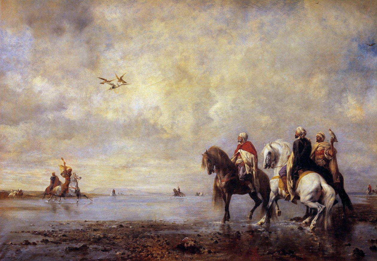 Czapla poluje na jeźdźców arabskich, którzy polują na czaplę. Obraz Eugene Fromentin (1820-1876) 1865 Nd. 0,99x1,42 m Chantilly, Musee Conde autorstwa Eugène Fromentin