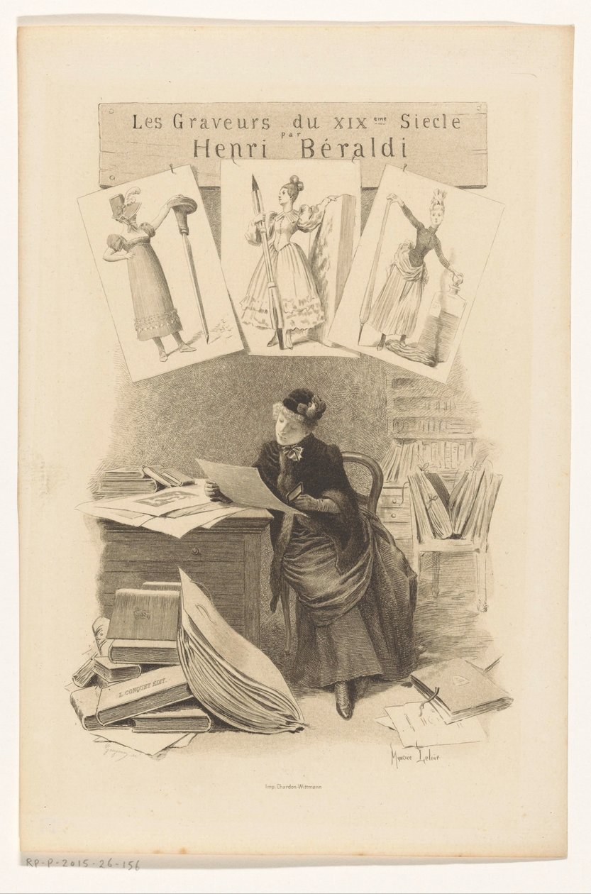 Kobieta patrzy na zdjęcia za biurkiem Strona tytułowa dla: Henri Béraldi, Les engravers du XIXe siècle, 1899 autorstwa Eugène Gaujean