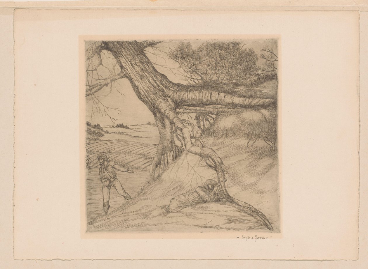 Siewca i leżąca postać ze złożonymi rękami w krajobrazie autorstwa Eugène Joors (signed by artist)