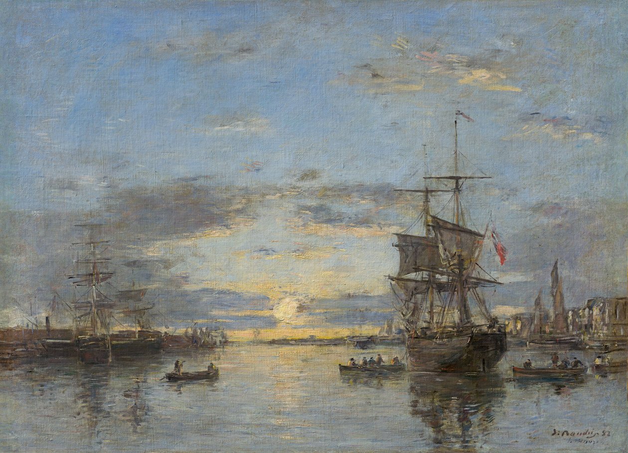 Niemcy: Hawr. Port zewnętrzny o zachodzie słońca Hawr: Port zewnętrzny o zachodzie słońca autorstwa Eugene Louis Boudin