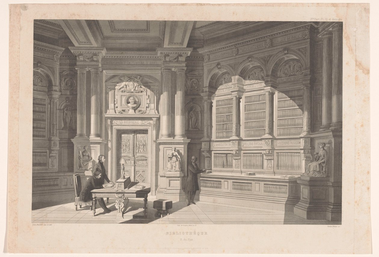 Wnętrze biblioteki Bibliothèque O. du Plan (tytuł obiektu) autorstwa Eugène Napoléon Varin