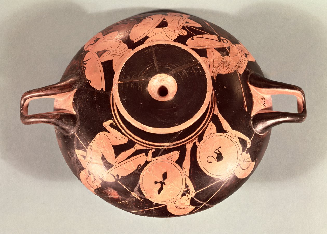 Czerwonofigurowy kielich ze strychu przedstawiający przyczajonych hoplitów (ceramika) autorstwa Euphronios