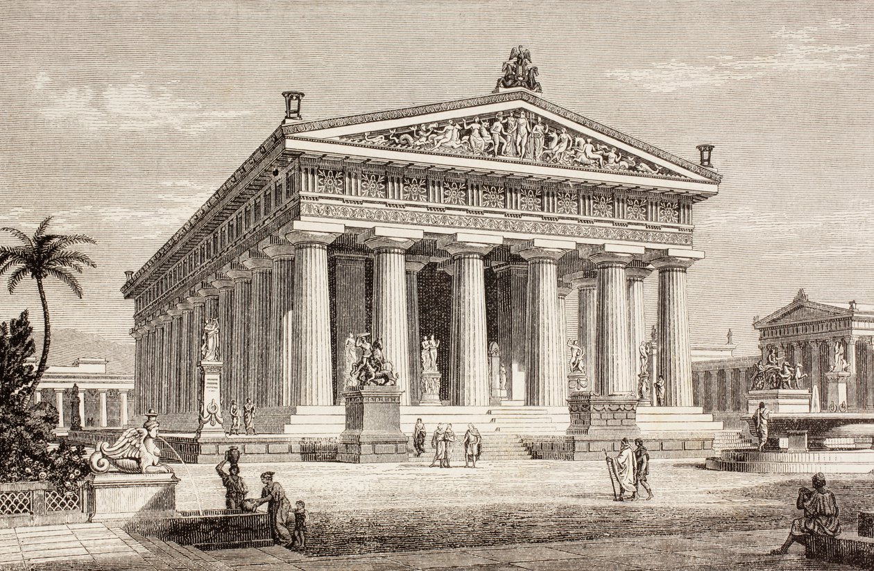 Impresje artystyczne przedstawiające świątynię Posejdona w Paestum z „El Mundo Ilustrado”, opublikowane w Barcelonie, 1880 r. autorstwa European School