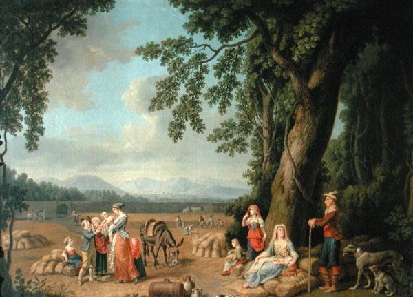 Scena żniw z Ferdynandem I (1503-64), jego żoną Anną z Czech i Węgier oraz ich dziećmi, ok. 1620 autorstwa European School
