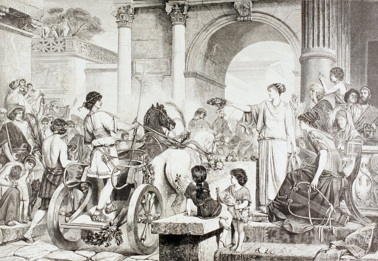 Koniec wyścigu rydwanów na igrzyskach olimpijskich w starożytnej Grecji, z „El Mundo Ilustrado”, publikacja Barcelona, 1880 autorstwa European School