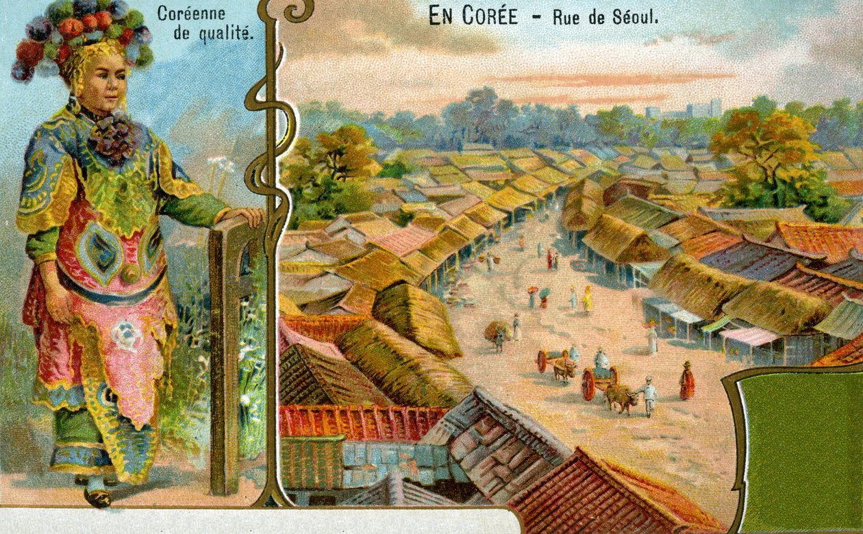 Koreańska dama w tradycyjnym stroju i widok na ulicę w Seulu, 1904 autorstwa European School