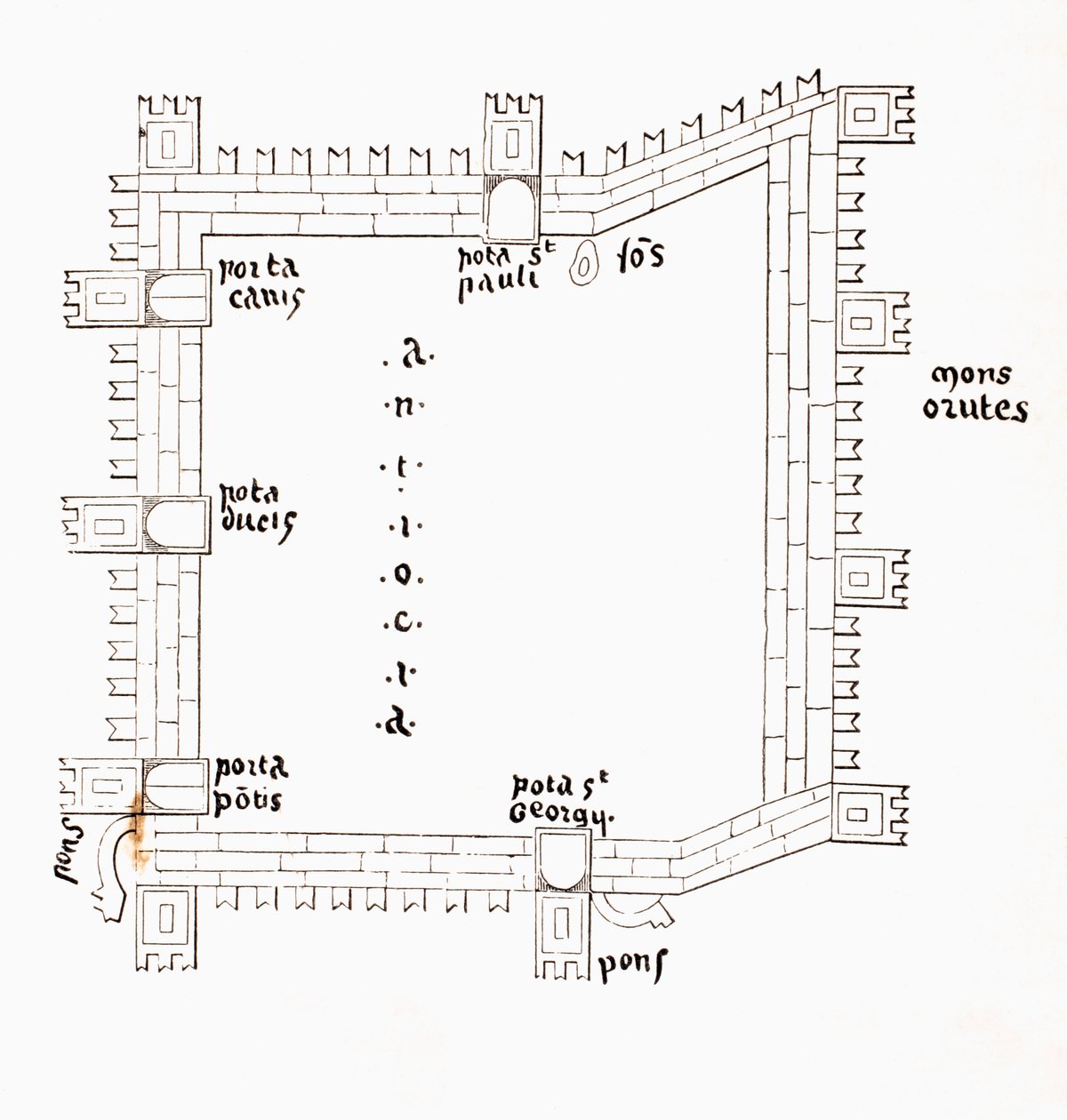 Plan Antiochii z XIII wieku ukazujący jej pięć bram, ok. 1880 r autorstwa European School