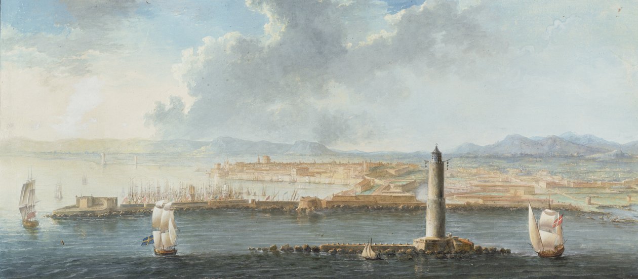 Widok portu od strony morza, prawdopodobnie Livorno (długopis, brązowy tusz i gwasz) autorstwa European School