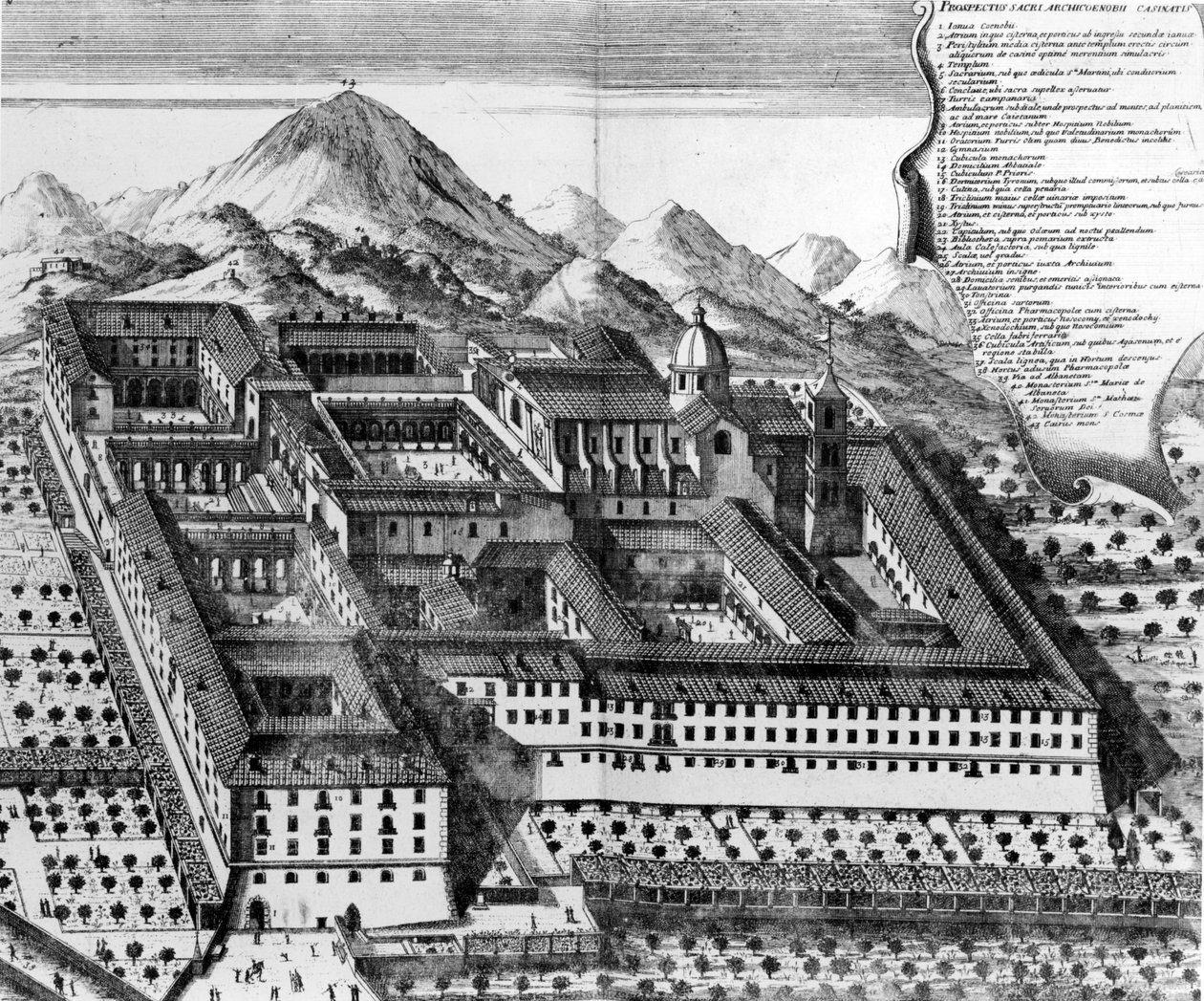 Widok z lotu ptaka na Monte Cassino, grawerowanie we Włoszech) autorstwa European School