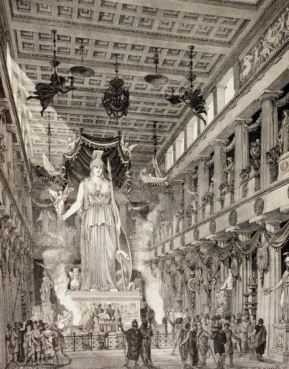 Wizja artystyczna posągu bogini Ateny w Partenonie w Atenach w okresie klasycznym, z „El Mundo Ilustrado”, opublikowanej w Barcelonie, 1880 (lito) autorstwa European School