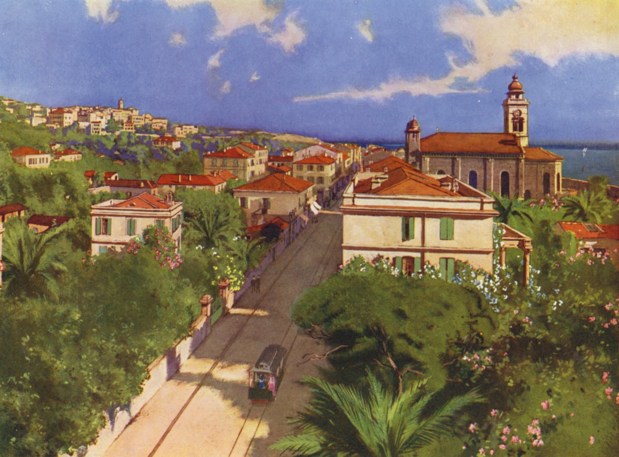 Bordighera, Via Vittorio Emmanuele et Vue Generale (kolorowa litografia) autorstwa European School