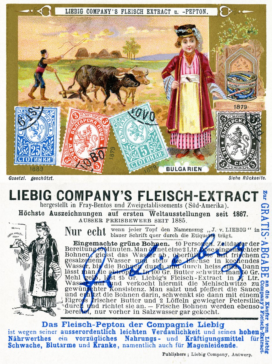 Bułgarskie znaczki pocztowe, awers i rewers karty promocyjnej Liebiga, 1897 autorstwa European School