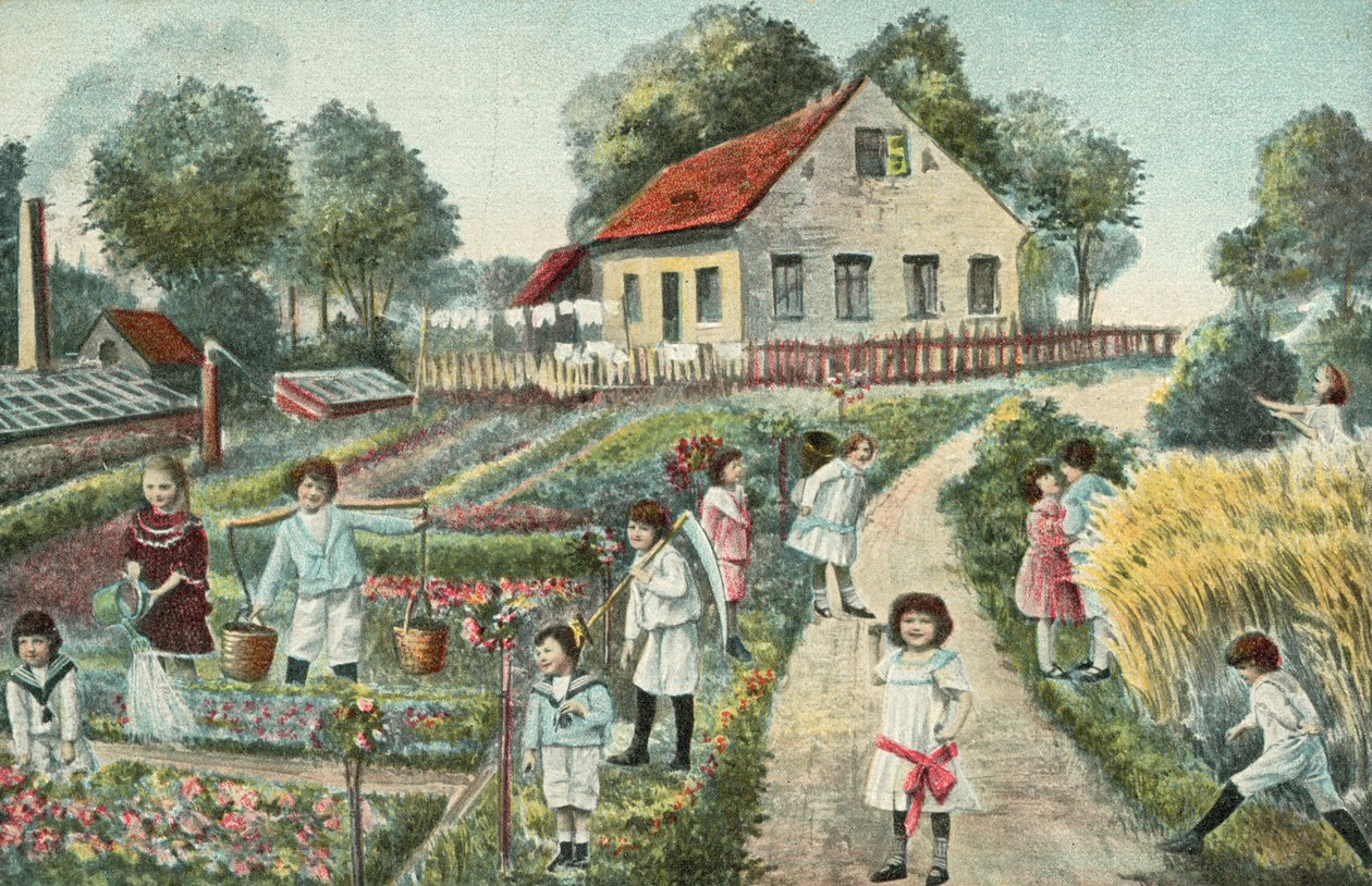 Dzieci w ogrodzie lub na działce (kolorowa litografia) autorstwa European School