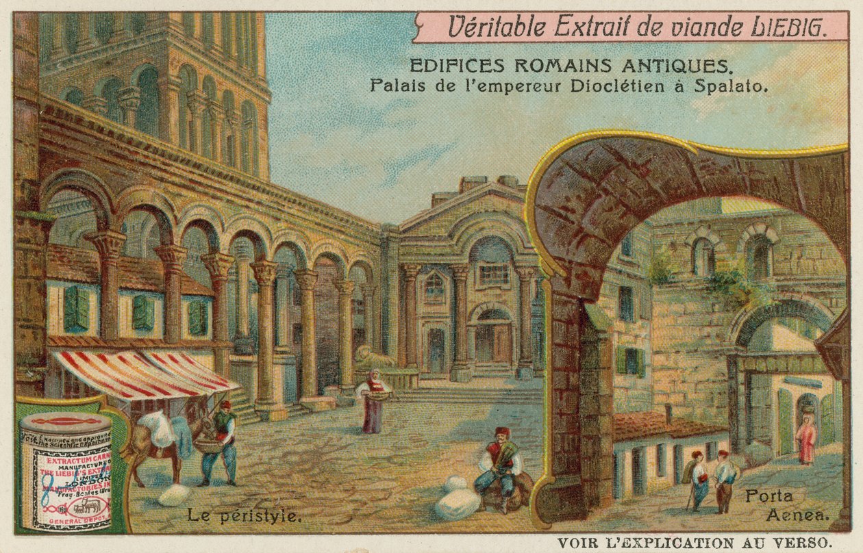 Pałac Dioklecjana w Splicie w Chorwacji ze szczegółami kolumnady i południowej bramy morskiej (chromolitho) autorstwa European School