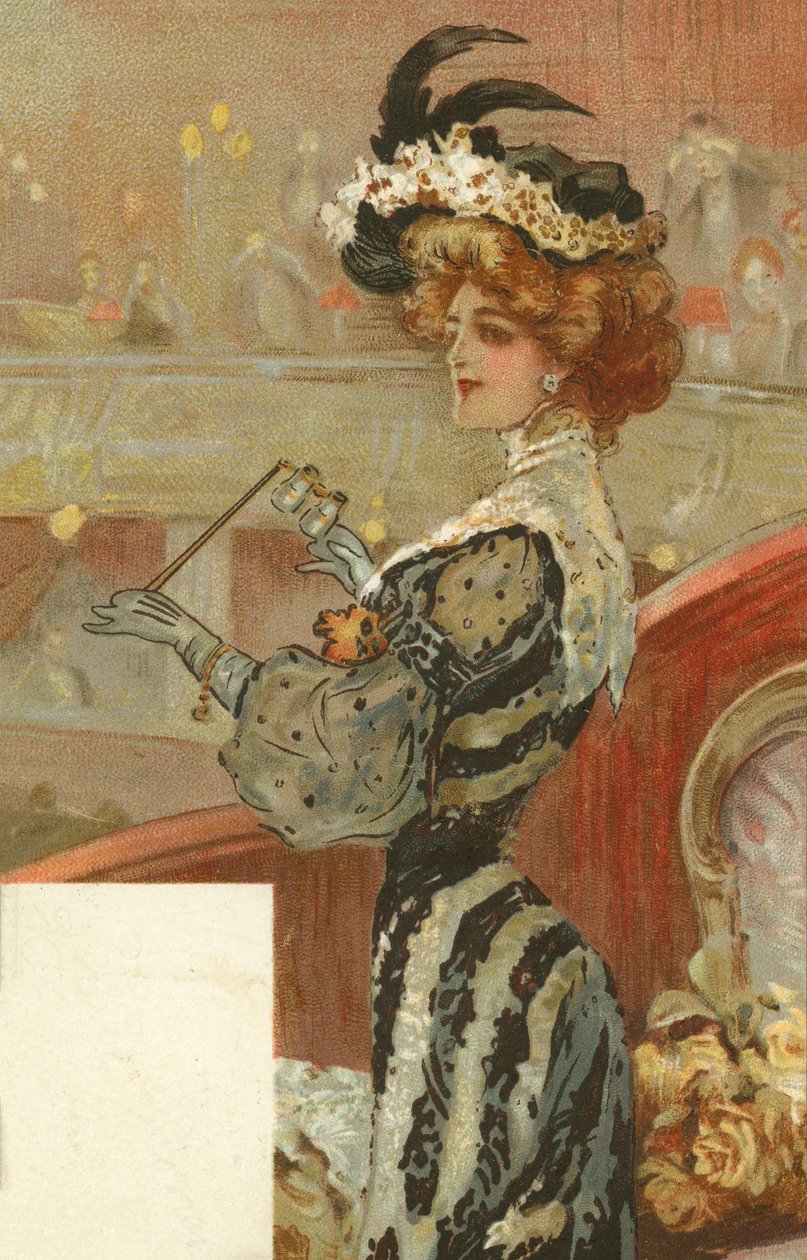 Elegancka kobieta w teatrze (kolorowa litografia) autorstwa European School