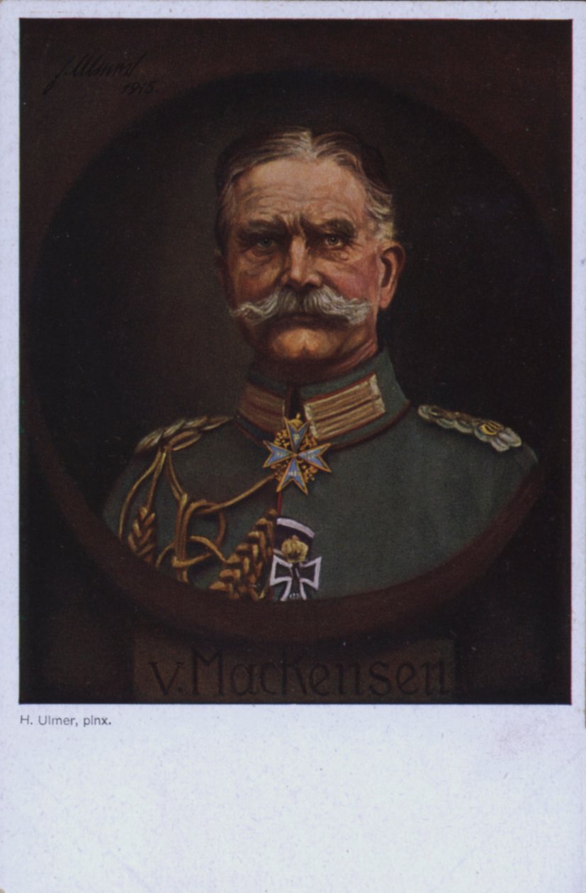 Feldmarszałek August von Mackensen, niemiecki dowódca wojskowy z czasów I wojny światowej (kolorowa litografia) autorstwa European School