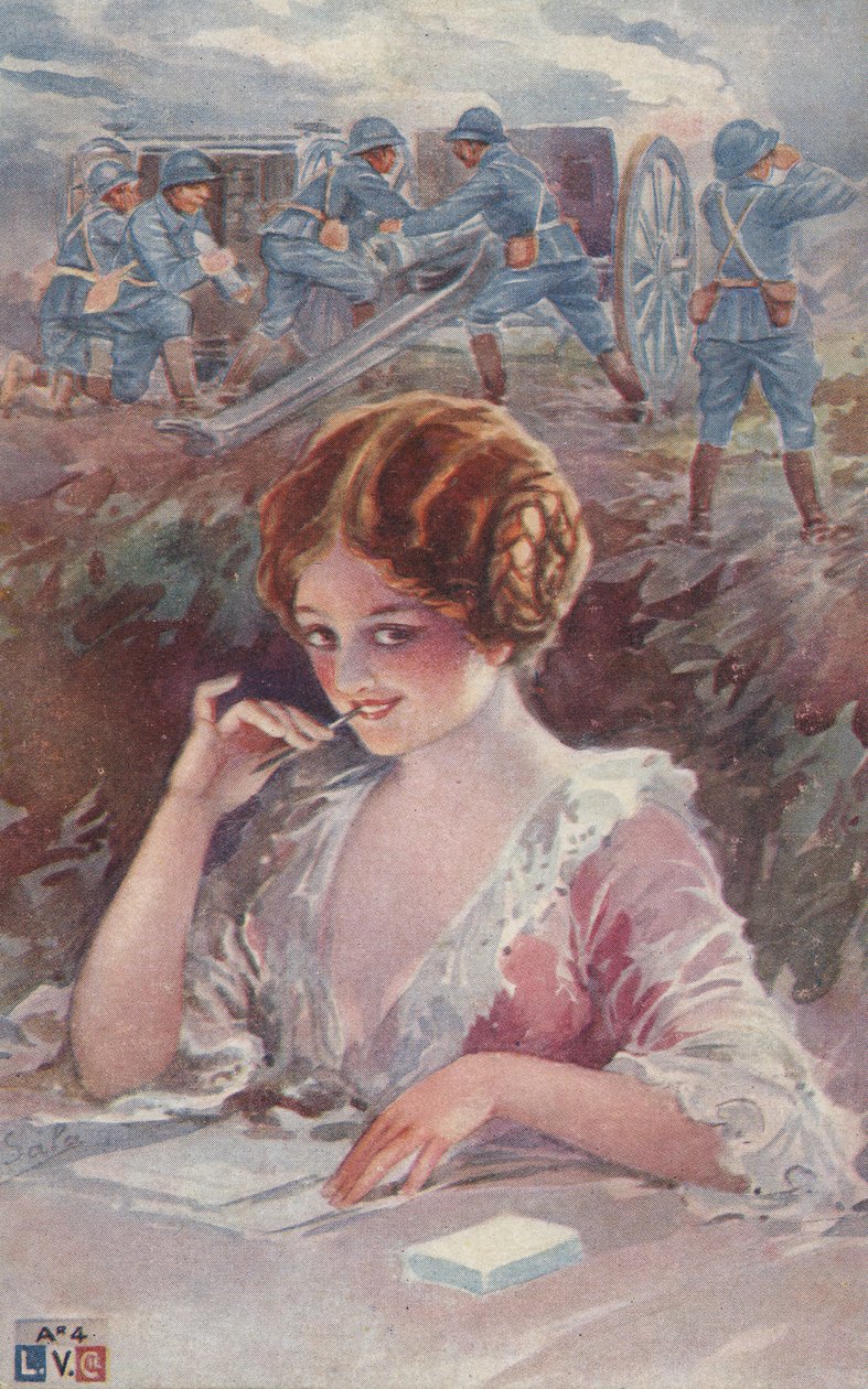 Dziewczyna pisząca do żołnierza (kolorowa litografia) autorstwa European School