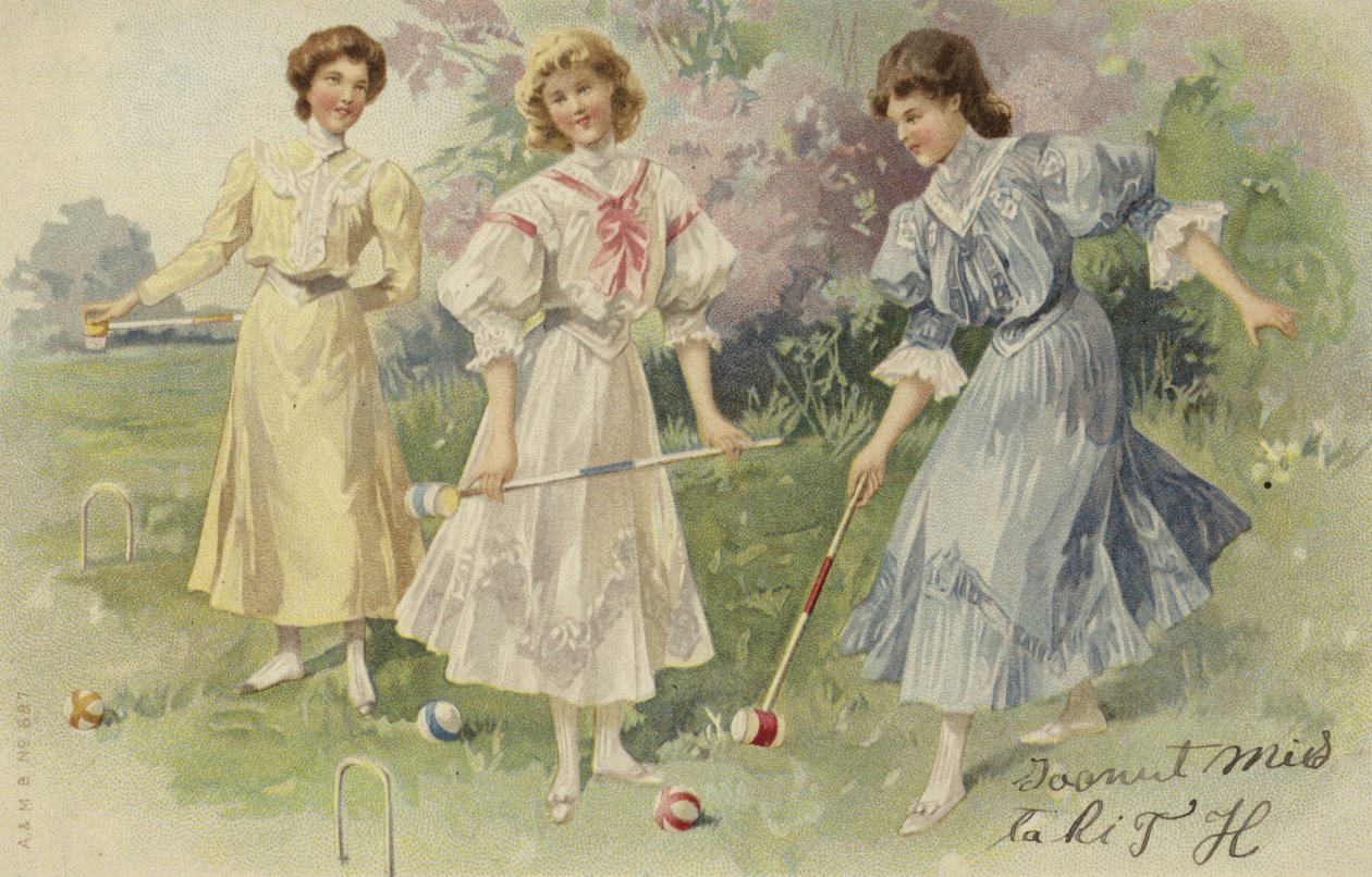 Dziewczynki grające w krokieta (chromolitho) autorstwa European School