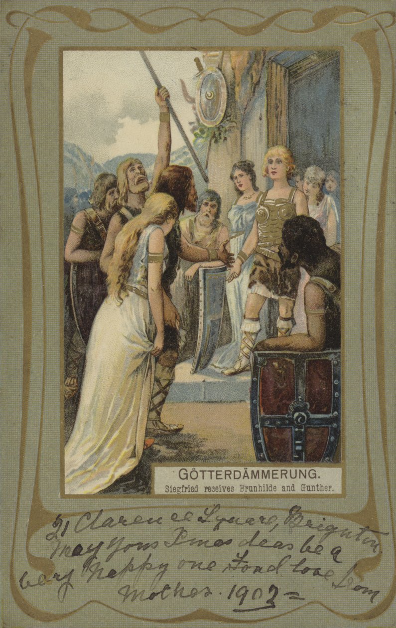 Gotterdammerung, Zygfryd przyjmuje Brunhildę i Gunthera (kolorowa litografia) autorstwa European School