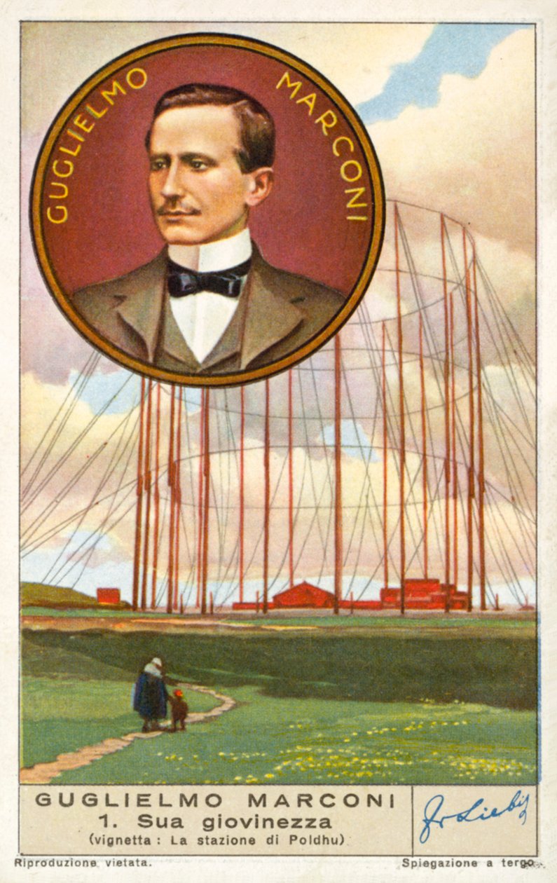 Guglielmo Marconi, włoski wynalazca i pionier radia, i jego stacja bezprzewodowa w Poldhu w Kornwalii (chromolitografia) autorstwa European School
