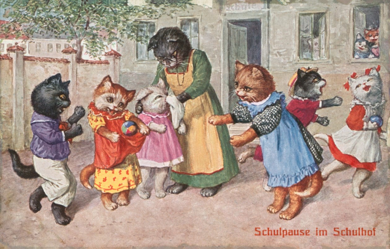 Humorystyczna pocztówka z kotem (kolorowa litografia) autorstwa European School