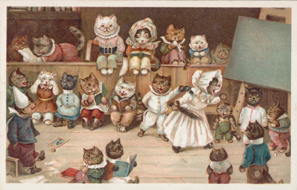 Humorystyczna pocztówka z kotem (kolorowa litografia) autorstwa European School