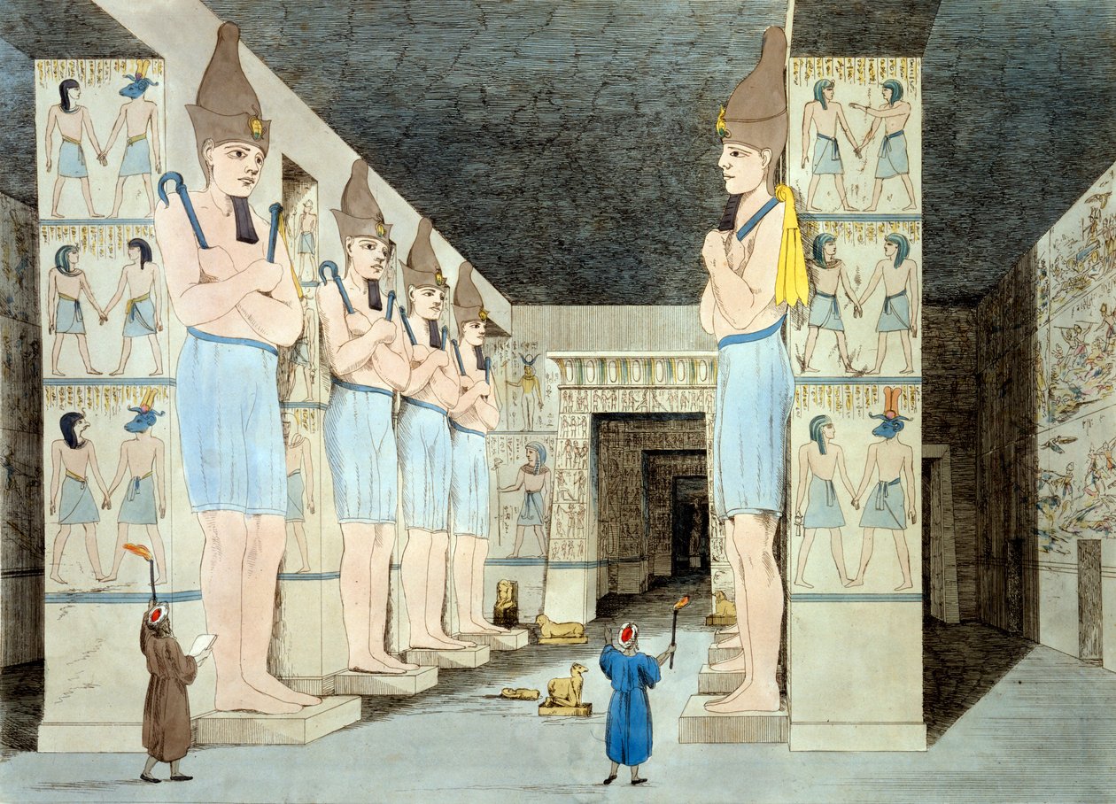 Wnętrze świątyni Ramzesa w Abu Simbel (kolorowa akwaforta) autorstwa European School