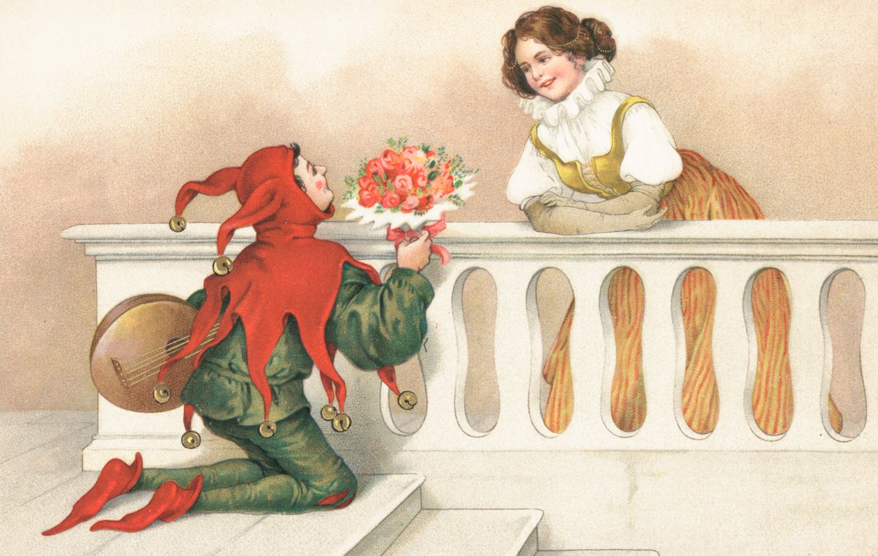 Błazen wręczający róże pięknej dziewczynie na balkonie (chromolitho) autorstwa European School