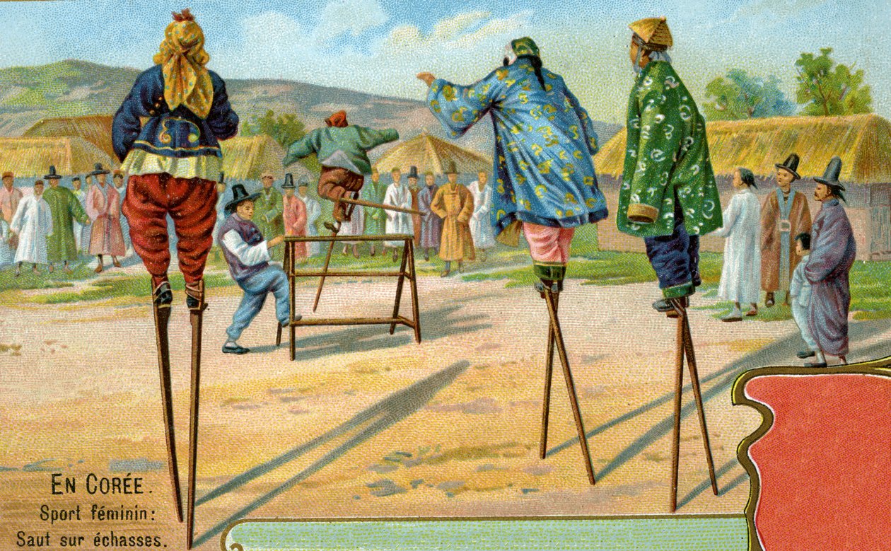 Koreanki na szczudłach grające w przeskakiwanie przez płotki, 1904 autorstwa European School