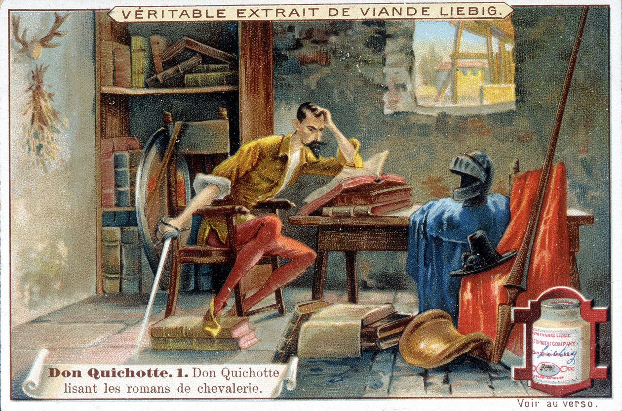 Chromolitografia Liebiga: Seria "Don Kichot", nr 1: Don Kichot czytający powieści rycerskie. autorstwa European School