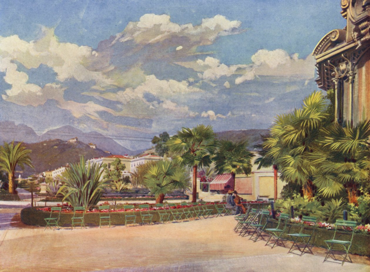 Menton, kiosk muzyczny i nowy ogród (kolorowa litografia) autorstwa European School