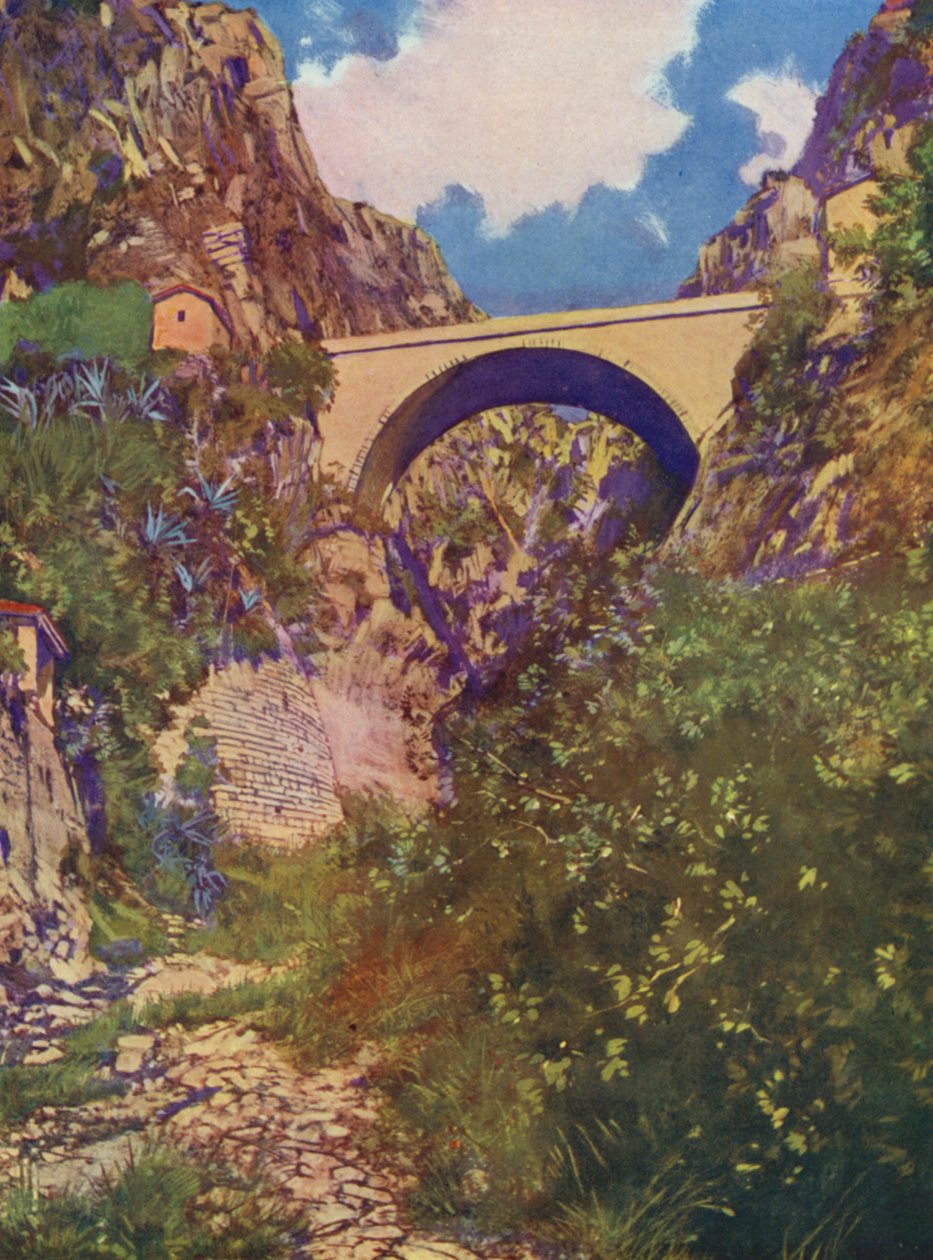Menton, Le Pont St-Louis (kolorowa litografia) autorstwa European School