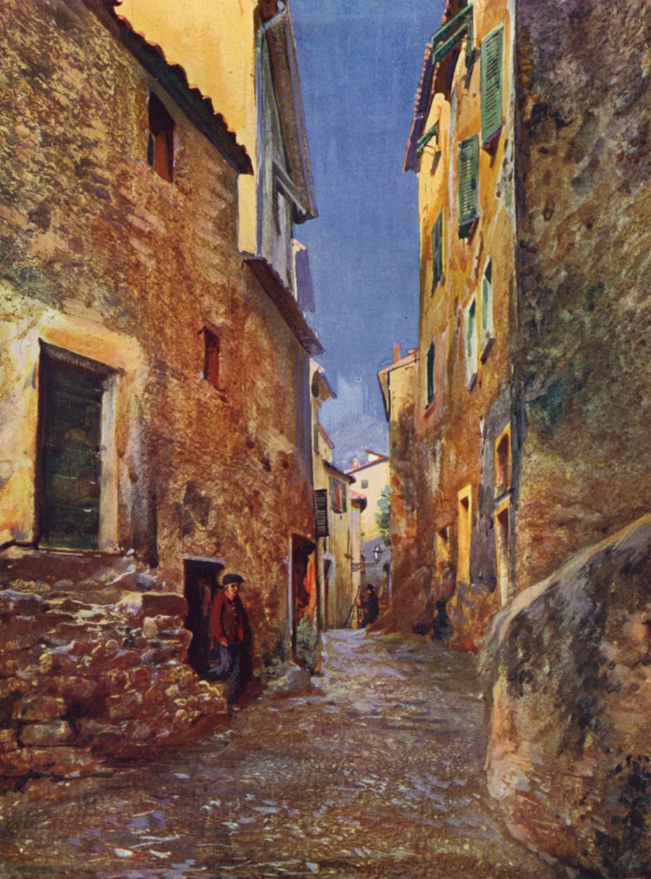 Menton, Rue dans la Vieille Ville (kolorowa litografia) autorstwa European School