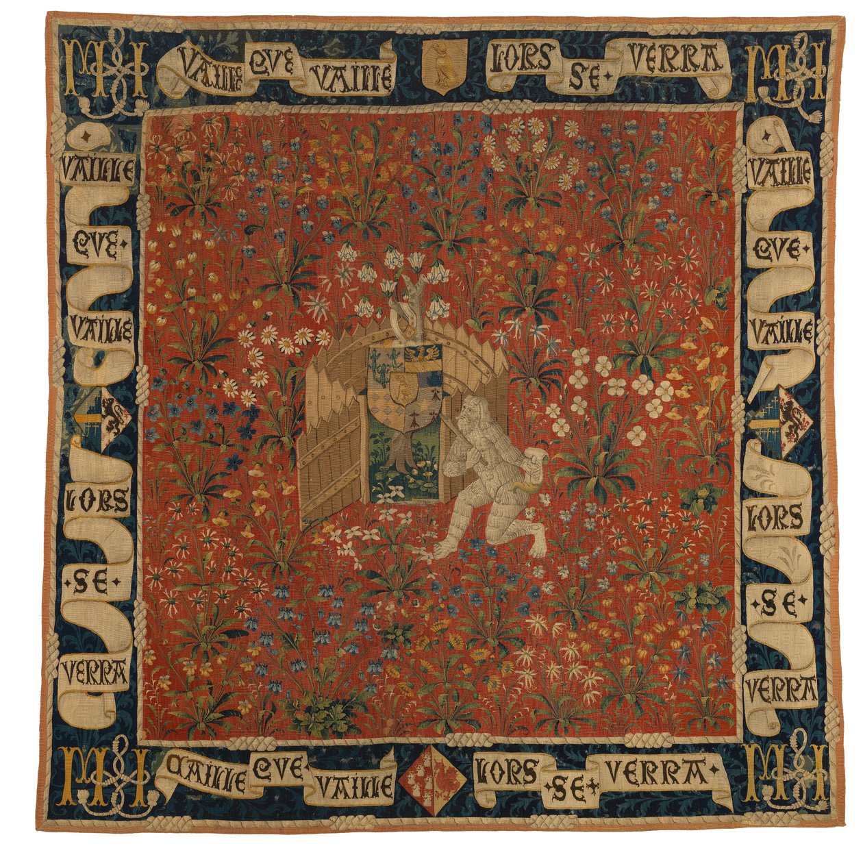 Gobelin Mille fleurs przedstawiający zieleń, tarczę herbową i dzikiego człowieka, ok. 1500 r. (wełna) autorstwa European School