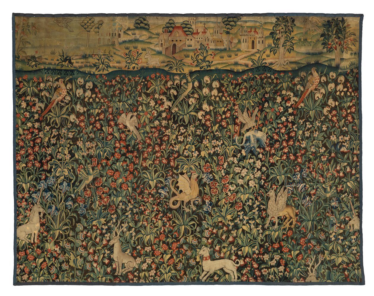 Fragment gobelinu Mille fleurs przedstawiający zwierzęta, ptaki i krajobraz, ok. 1500 r. (wełna) autorstwa European School