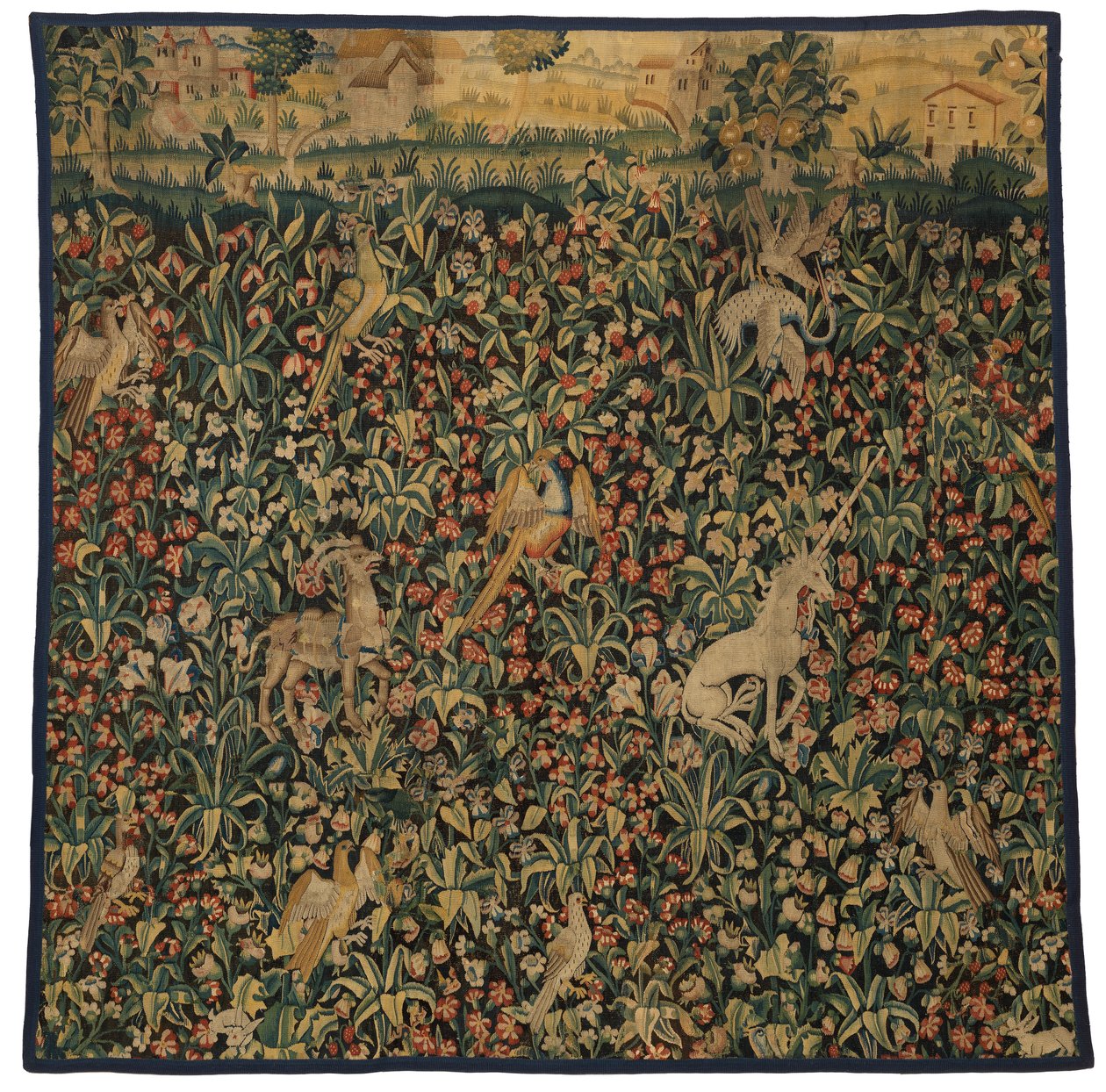 Fragment gobelinu Mille fleurs przedstawiający zwierzęta, ptaki i krajobraz, ok. 1500 r. (wełna) autorstwa European School