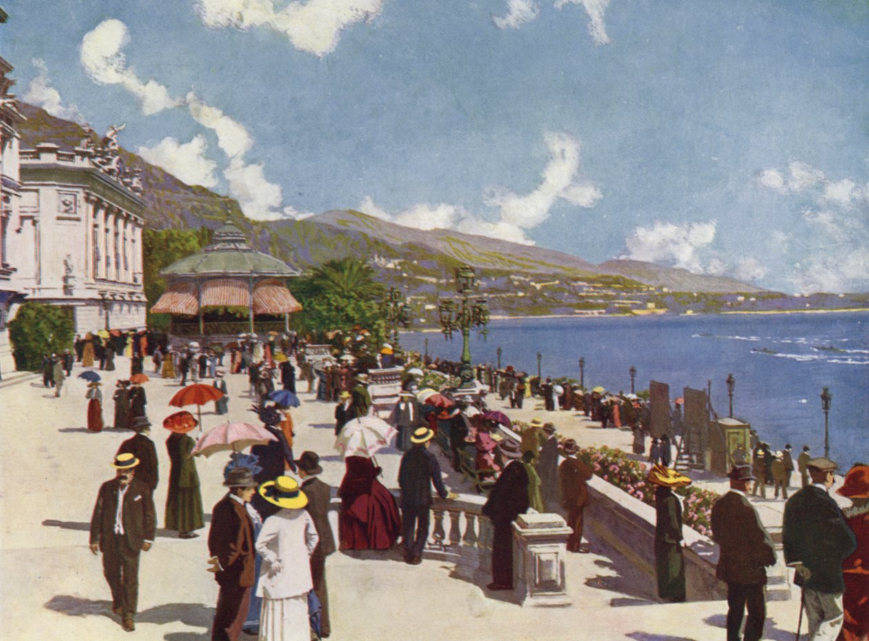 Monte-Carlo, La Terrasse i Kiosque de la Musique (kolorowa litografia) autorstwa European School