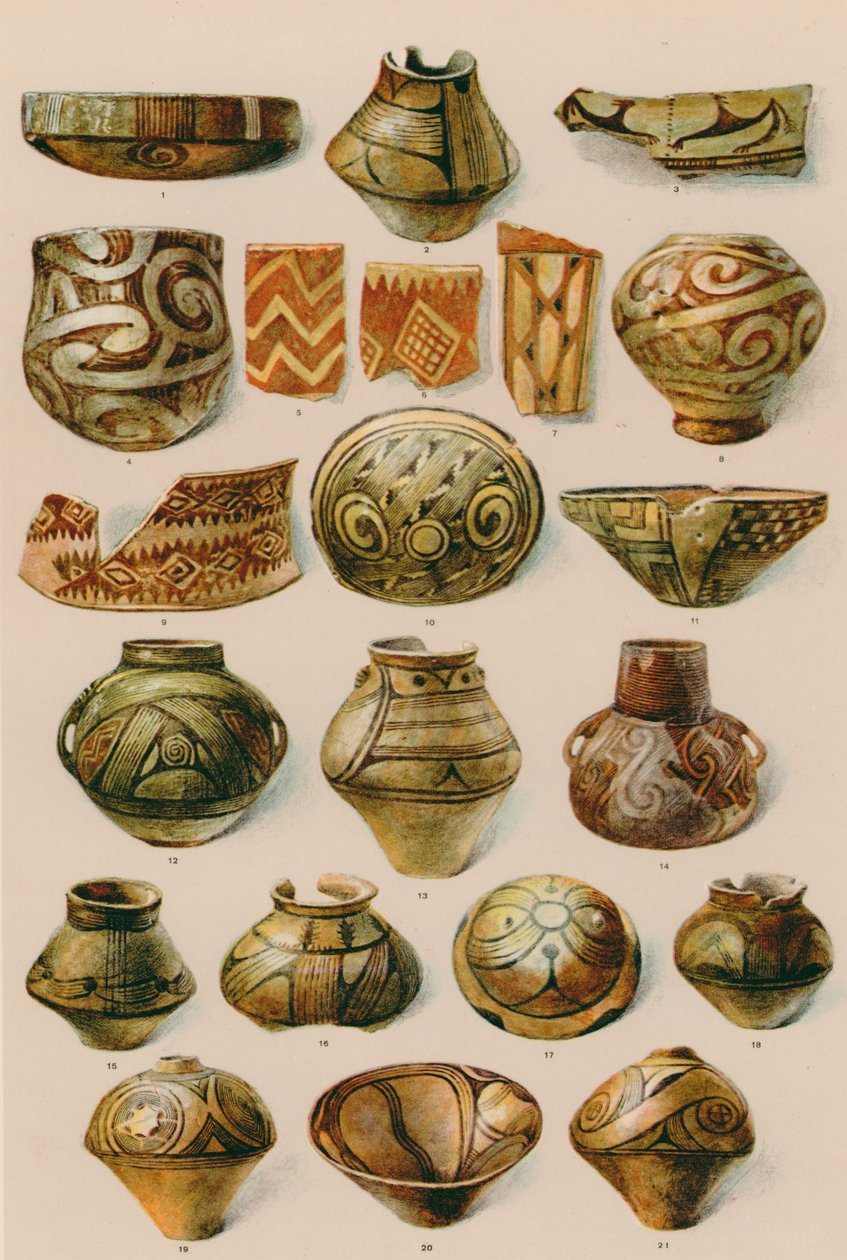 Ornament: Południowa Rosja, Rumunia, północna Grecja, koniec epoki kamienia do początku epoki brązu (litografia barwna) autorstwa European School
