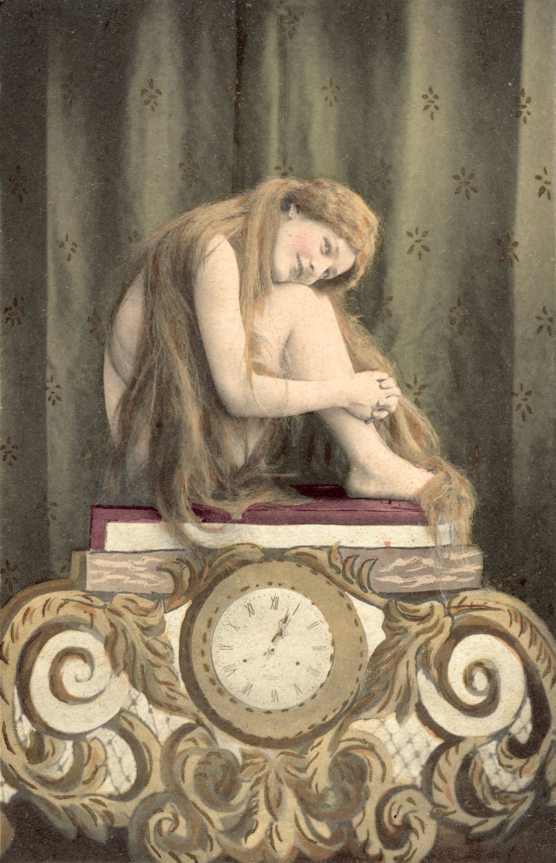 Portret dziewczyny siedzącej nad zegarem (kolorowa litografia) autorstwa European School