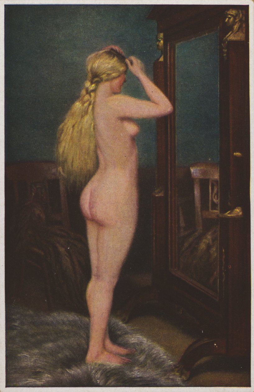 Portret nagiej kobiety z długimi blond włosami (kolorowa litografia) autorstwa European School