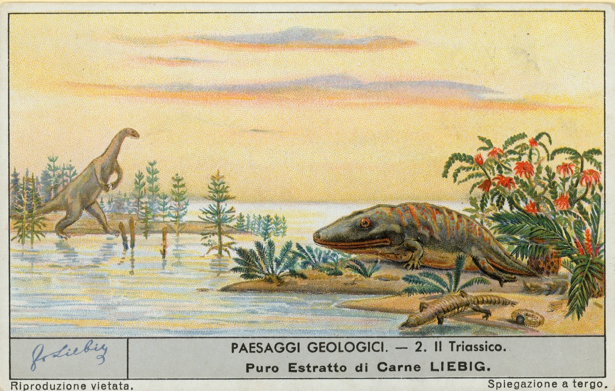 Prehistoryczny świat, karta Liebig, początek XX wieku (chromo) autorstwa European School